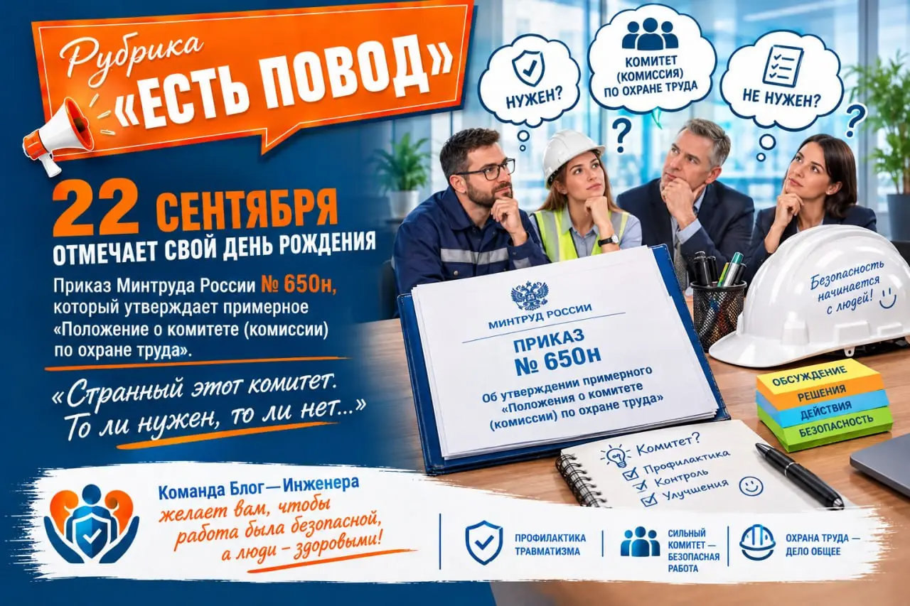Рубрика «Есть Повод» 📎22 сентября отмечает свой День рождения приказ Минтруда России № 650н, который утверждает примерное «Положение о комитете (комиссии) по охране труда» | Сетка — социальная сеть от hh.ru