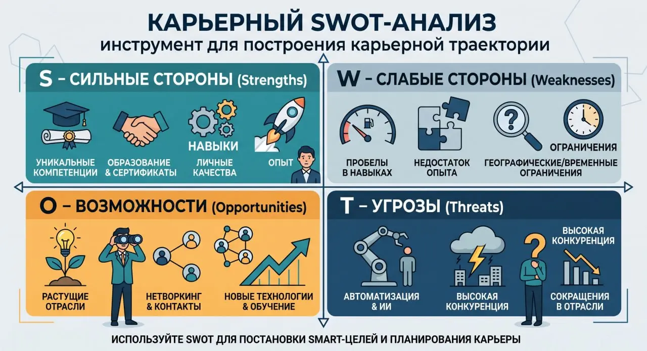 Как провести карьерный анализ? Здесь нам поможет SWOT - инструмент для построения карьерной траектории.
С ним вы учтете все факторы. Дерзайте.
#цели #swot #карьернаятраектория | Сетка — социальная сеть от hh.ru