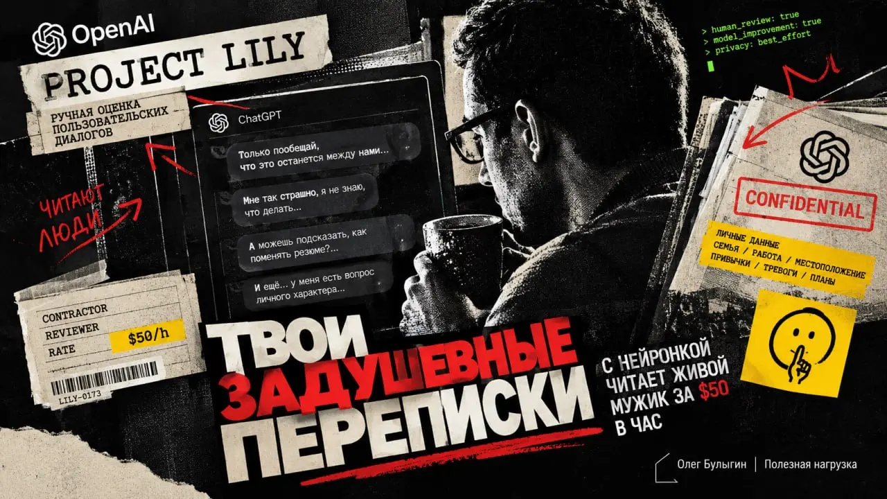 Твои задушевные переписки с нейронкой читает живой мужик за $50 в час 🤫
Издание 404 Media выкатило жирное расследование про Project Lily — закрытую изнанку OpenAI по ручной оценке пользовательских диа... | Сетка — социальная сеть от hh.ru
