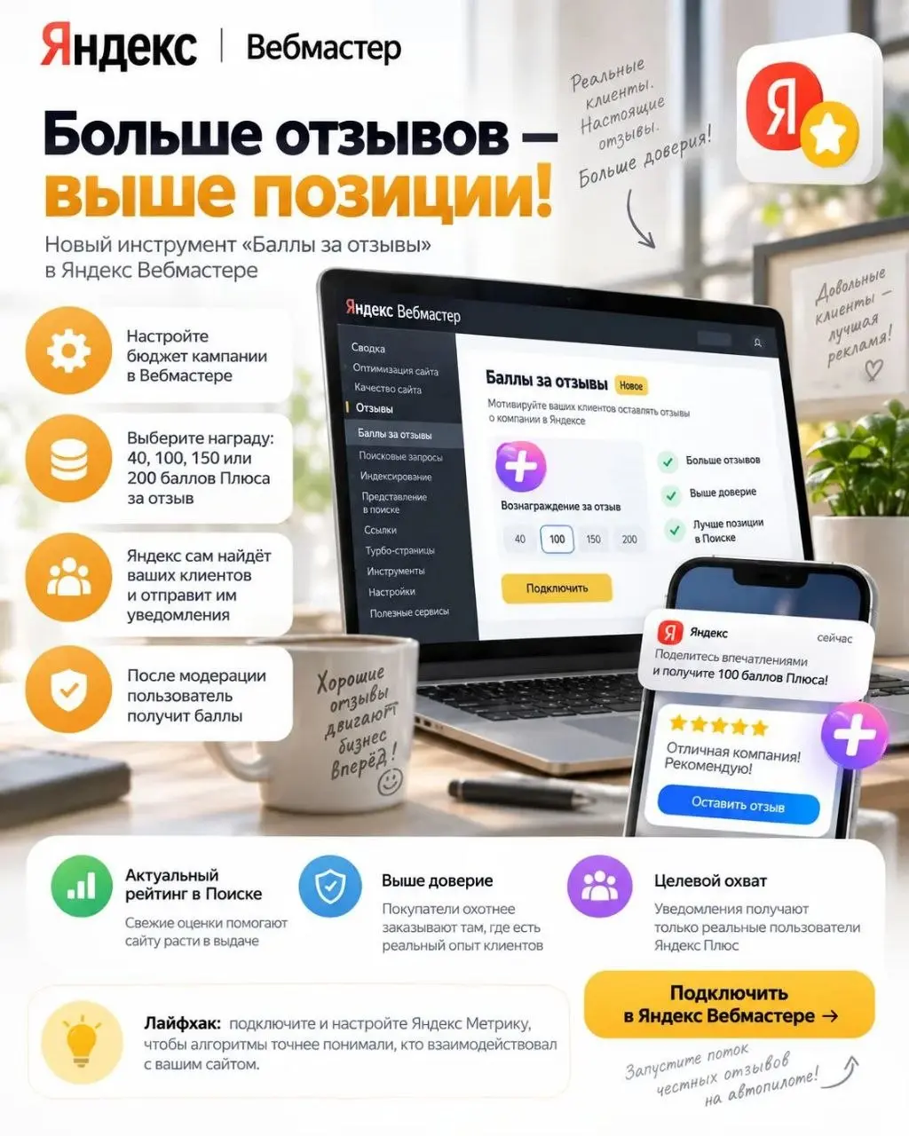 🔥 Бизнес, который не работает с отзывами... теперь может не работать с ними дальше!
Яндекс сделает всё за вас.
В Яндекс Вебмастере появился крутой инструмент — «Баллы за отзывы» | Сетка — социальная сеть от hh.ru