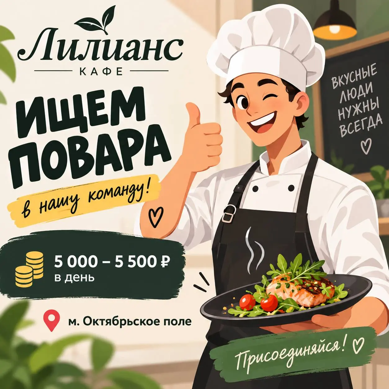 ПОВАР-УНИВЕРСАЛ
110 000₽ - 130 000₽
Кафе «Лилианс»
• Москва, м. Октябрьское поле, ул. Маршала Бирюзова 22к1
• Рестораны/Кафе
• +79654125958
Полное описание вакансии размещено в Телеграм и Макс | Сетка — социальная сеть от hh.ru