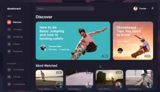 Skateboard Video Platform - видео-платформа для скейтбордистов. Думаю можно взять как за основу любого видео-сервиса.
https://codepen.io/TurkAysenur/pen/LYRKpWe | Сетка — социальная сеть от hh.ru