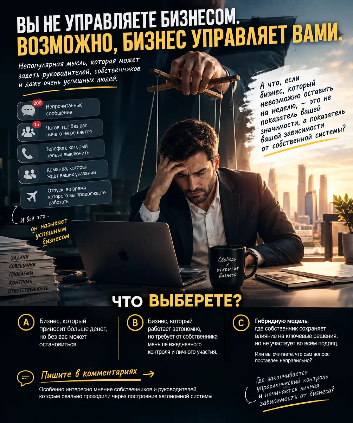 🔥 ВЫ НЕ УПРАВЛЯЕТЕ БИЗНЕСОМ. ВОЗМОЖНО, БИЗНЕС УПРАВЛЯЕТ ВАМИ.
Непопулярная мысль, которая может задеть руководителей, собственников и даже очень успешных людей | Сетка — социальная сеть от hh.ru