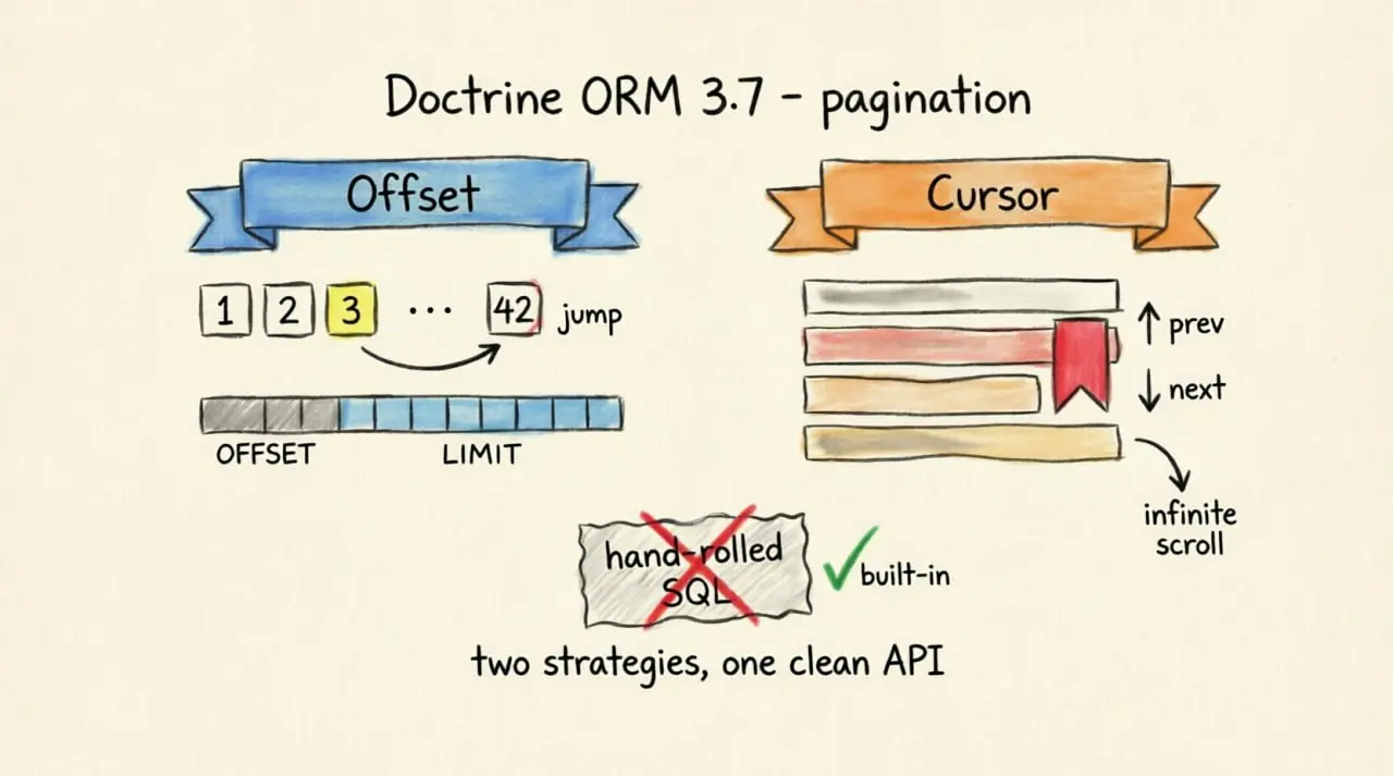 https://www.doctrine-project.org/projects/doctrine-orm/en/3.7/tutorials/pagination.html
Неужели, дождался оффсетной и курсорной пагинации в нормальном исполнении.
В Doctrine ORM (начиная с версии 3 | Сетка — социальная сеть от hh.ru