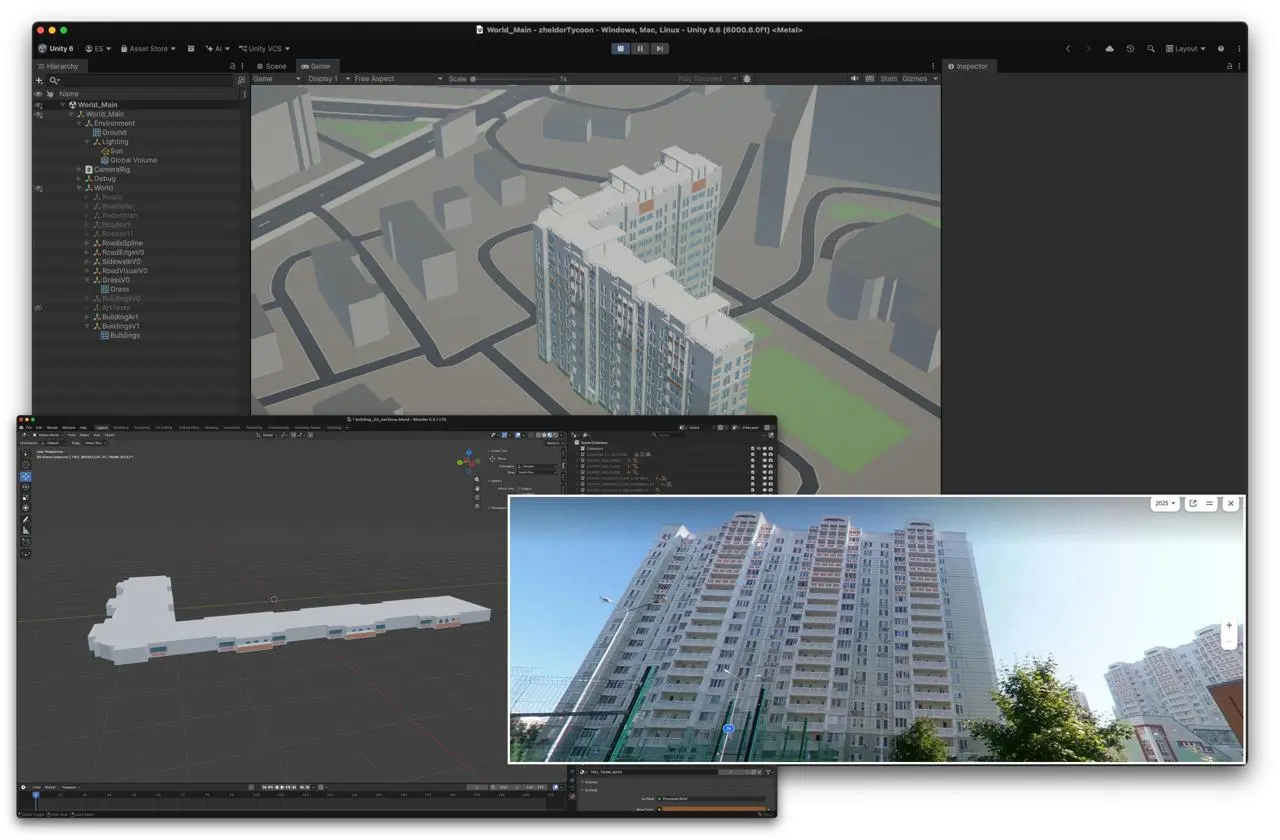 Я тут попробовал типовые дома на районе смоделировать в Blender и мир построить в Unity ну и кодекс взять в качестве исполнителя
Всё, что не касается проектирования в 3D: карты, движок, мир, экспорт в... | Сетка — социальная сеть от hh.ru