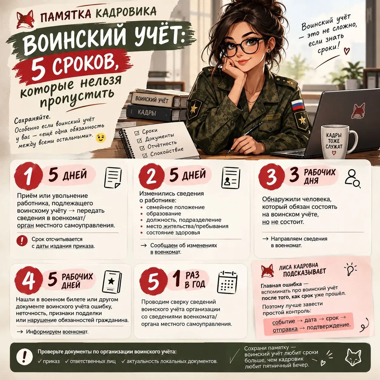 🦊 ПАМЯТКА КАДРОВИКА
ВОИНСКИЙ УЧЁТ.
Собрала для вас в одно информационное поле 5 сроков, в течение которых работодатель обязан уведомить военкомат о произошедших событиях | Сетка — социальная сеть от hh.ru