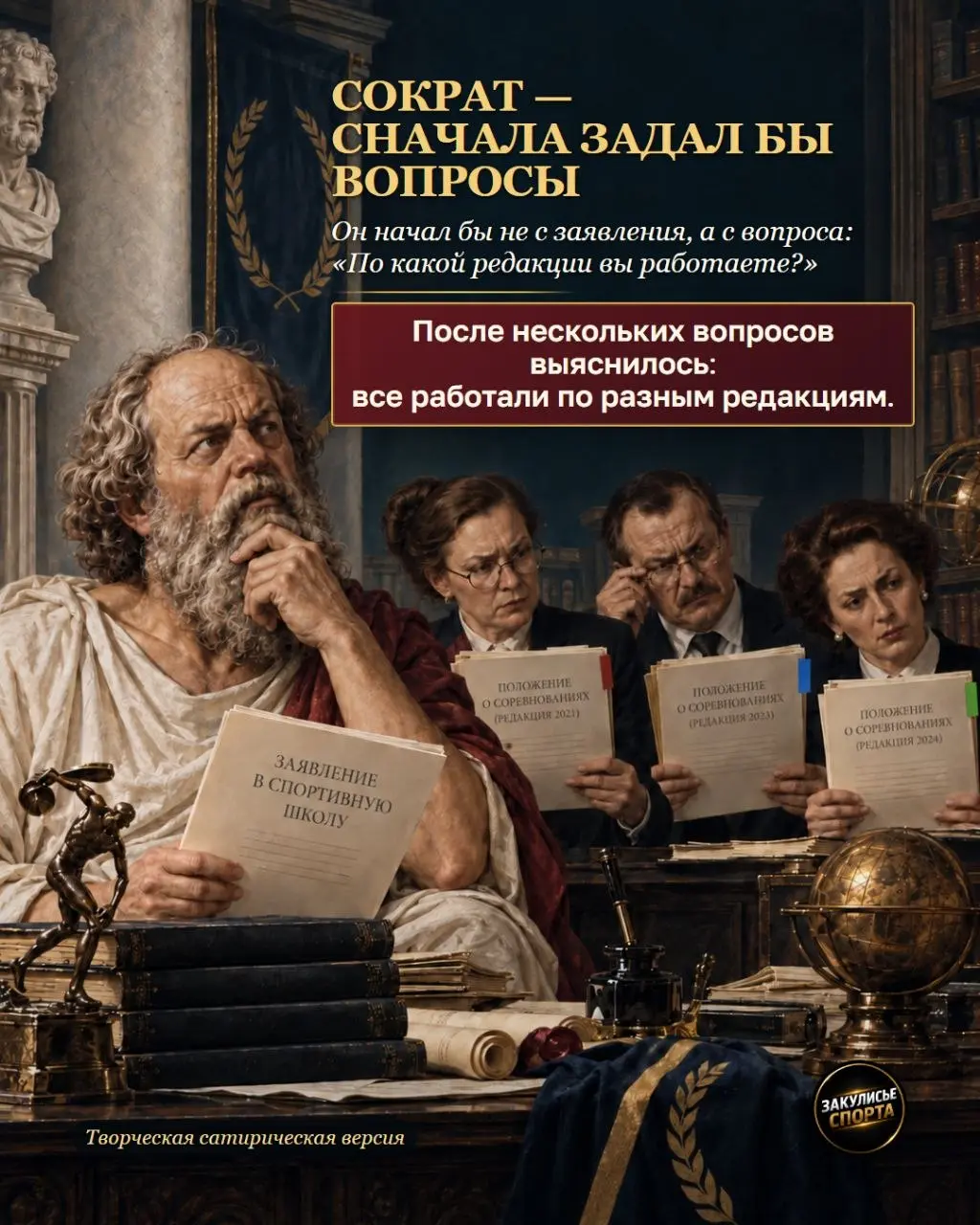 «Как великие работали бы со спортивными документами»
Если бы спортивными документами занялись Сократ, Менделеев, Кант, Леонардо, Дарвин, Гоголь и Шекспир — согласование точно стало бы интереснее 😄
➡️Л... | Сетка — социальная сеть от hh.ru