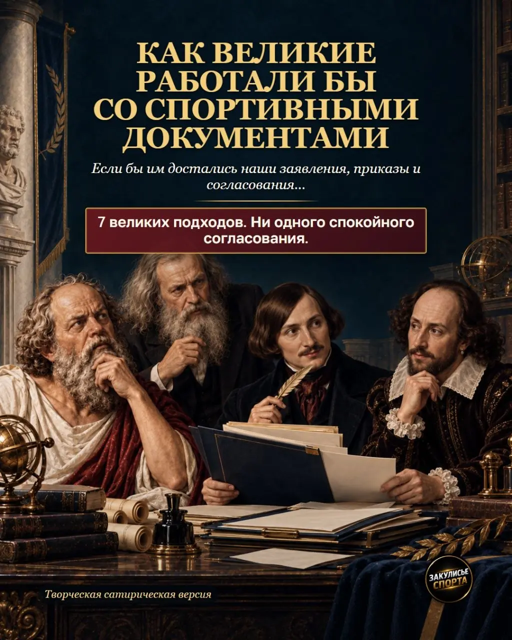 «Как великие работали бы со спортивными документами»
Если бы спортивными документами занялись Сократ, Менделеев, Кант, Леонардо, Дарвин, Гоголь и Шекспир — согласование точно стало бы интереснее 😄
➡️Л... | Сетка — социальная сеть от hh.ru