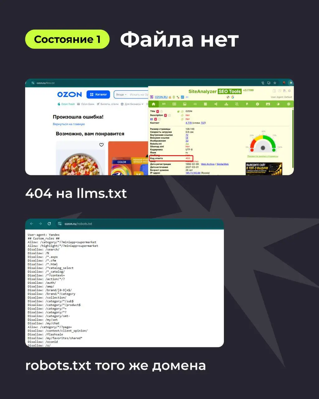 ⚡️llms.txt: можно ли управлять и блокировать ИИ при обходе сайта?
Продолжаем #seoразбор. Сегодня про llms.txt: помогает ли этот файл попадать в ответы ИИ или просто добавляет галочку в аудите. | Сетка — социальная сеть от hh.ru