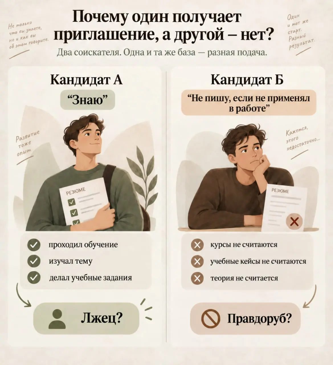 Представьте двух соискателей.
Кандидат А пишет в своем резюме: «Знаю» и дальше перечисляет ну, например какие-то программы или методики. Он их проходил в университете или на учебном курсе | Сетка — социальная сеть от hh.ru