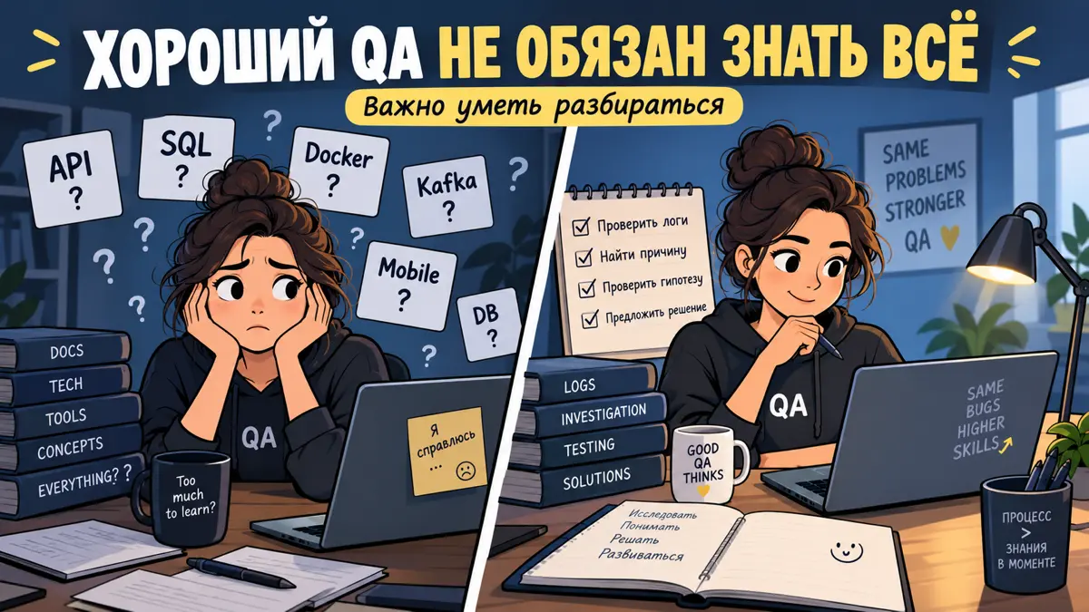 🚀 Почему хороший QA не обязан знать ответ на всё?
Иногда на собеседованиях создаётся ощущение, что Senior должен знать вообще всё | Сетка — социальная сеть от hh.ru