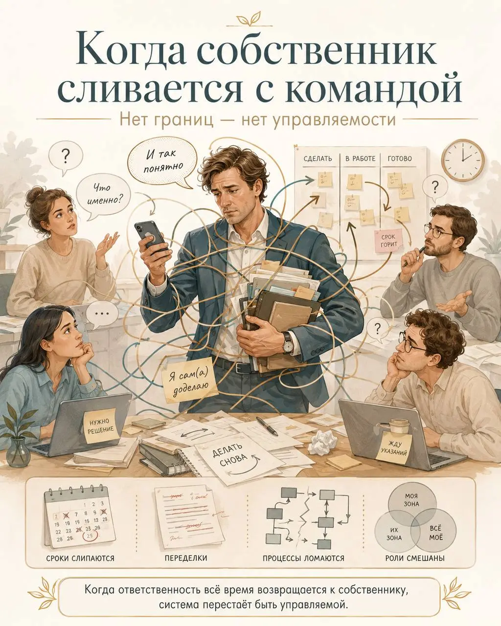 Когда собственник сливается с командой 👥
Давайте рассмотрим ещё одну ситуацию, которая напрямую влияет на управляемость бизнеса: слияние собственника с командой | Сетка — социальная сеть от hh.ru