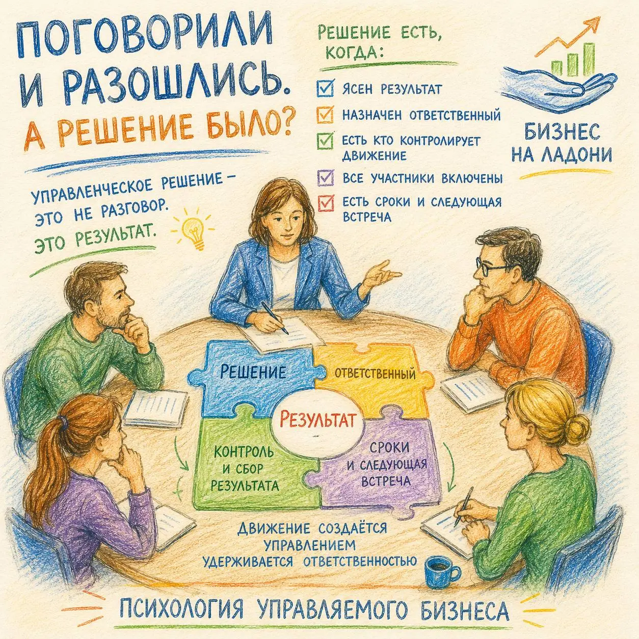 Поговорили и разошлись. А где результат?
В бизнесе можно очень много обсуждать, собираться на совещания, разбирать проблемы, искать причины, предлагать идеи | Сетка — социальная сеть от hh.ru