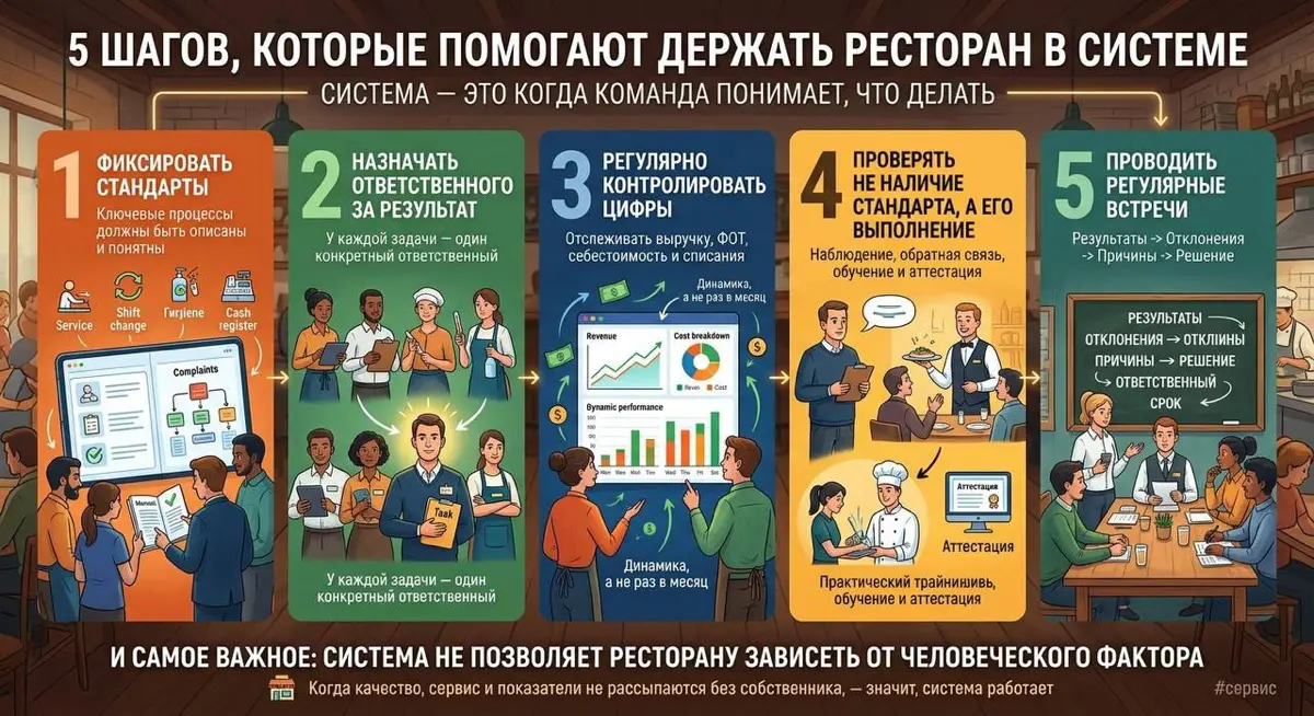5 шагов, которые помогают держать ресторан в системе👇🏼
Ресторан начинает разваливаться не тогда, когда нет гостей, а тогда, когда каждый начинает работать «как считает правильным» | Сетка — социальная сеть от hh.ru