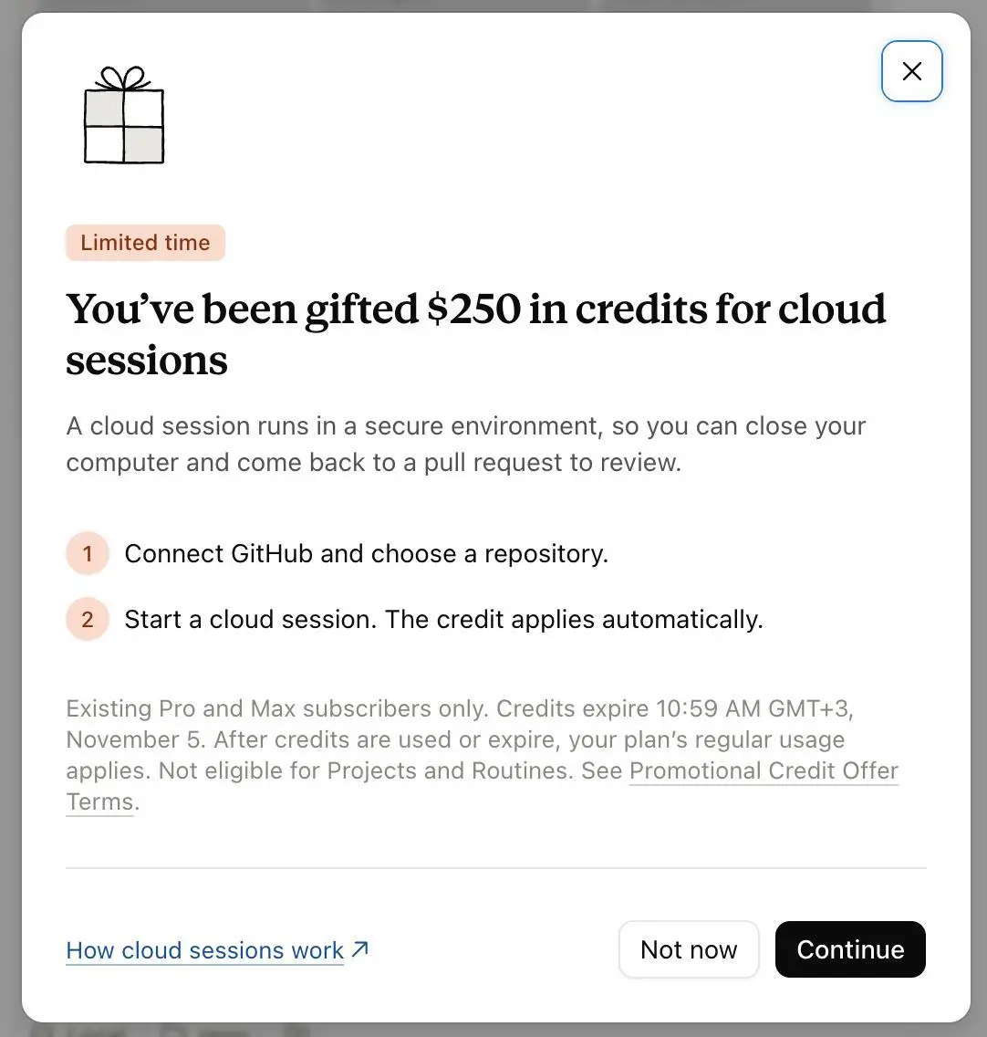Антропики дают 250 баксов бесплантно на облачные сессии!
Активируется либо кнопкой, либо комнадой в CLI /claim-credit | Сетка — социальная сеть от hh.ru