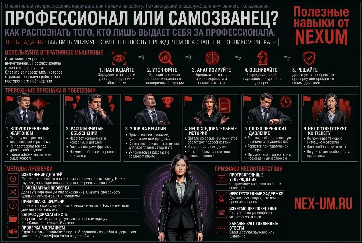 📱 ПРОФЕССИОНАЛ ИЛИ САМОЗВАНЕЦ?
Представляем вашему вниманию рекомендации британской спецслужбы МИ-6 🎖 (да-да, это та самая, где служил Бонд 🌟) по оперативной экспресс-оценки кандидатов на службу
Ее вп... | Сетка — социальная сеть от hh.ru