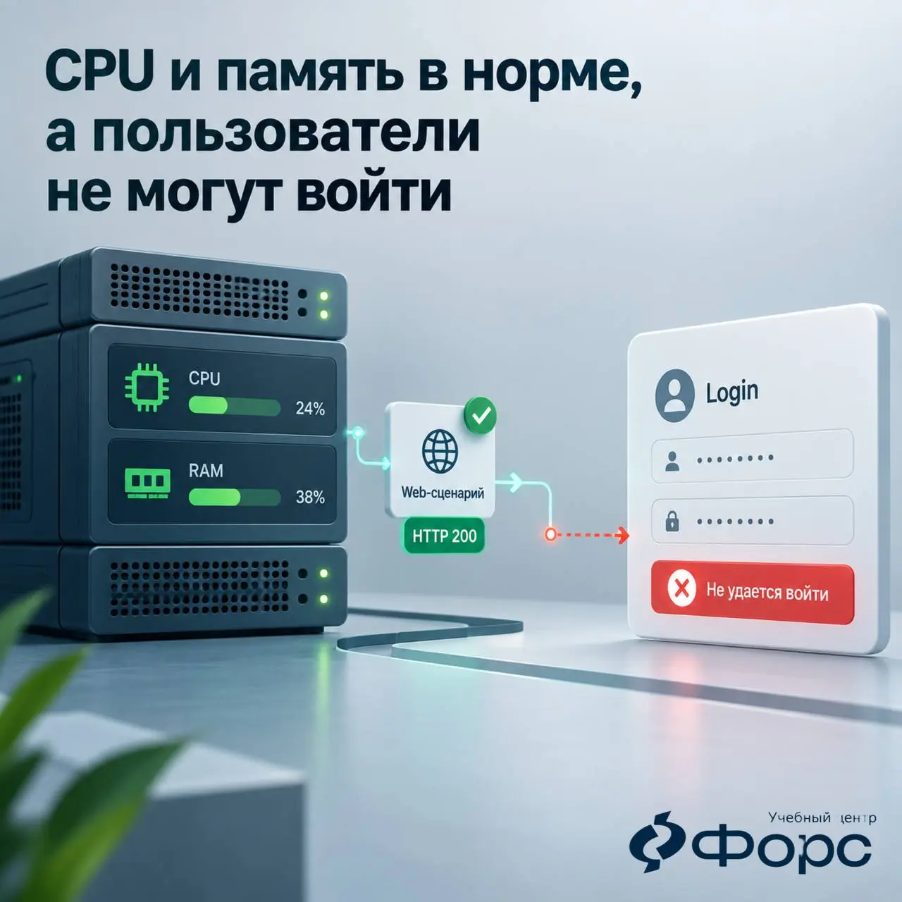 🛠️ CPU и память в норме, а пользователи не могут войти в сервис.
Это не противоречие. Ресурсные метрики показывают состояние узла, но не подтверждают выполнение пользовательской операции | Сетка — социальная сеть от hh.ru