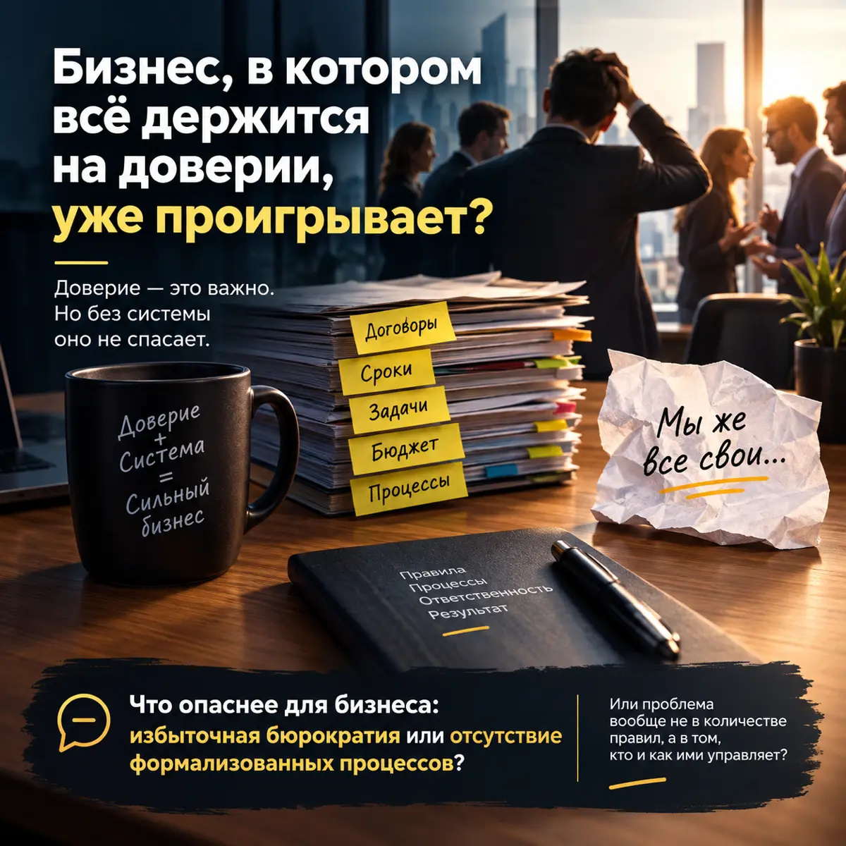 Бизнес, в котором всё держится на доверии, уже проигрывает?
Самая опасная фраза в компании: «Мы же все свои».
Именно с неё иногда начинается управленческий хаос | Сетка — социальная сеть от hh.ru