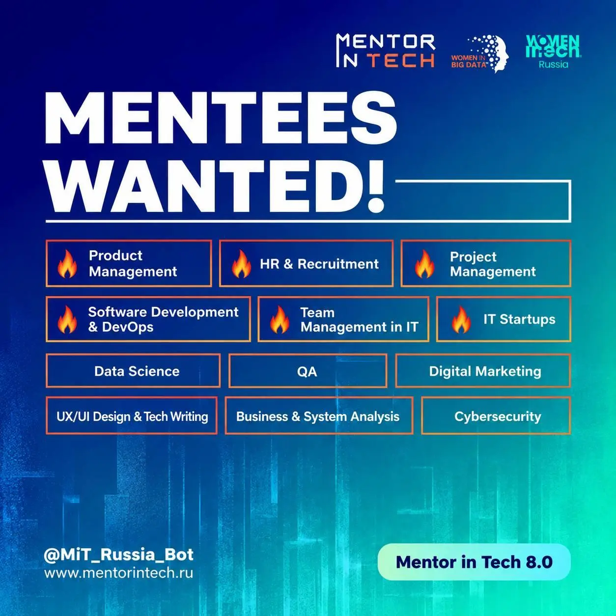 ⏳ Уже завтра закрываем приём заявок в Mentor in Tech 8.0!
У вас осталось чуть больше суток — успейте подать заявку.
👉 Заявки принимаем через ТГ-бота, туда же можно задать любые вопросы | Сетка — социальная сеть от hh.ru