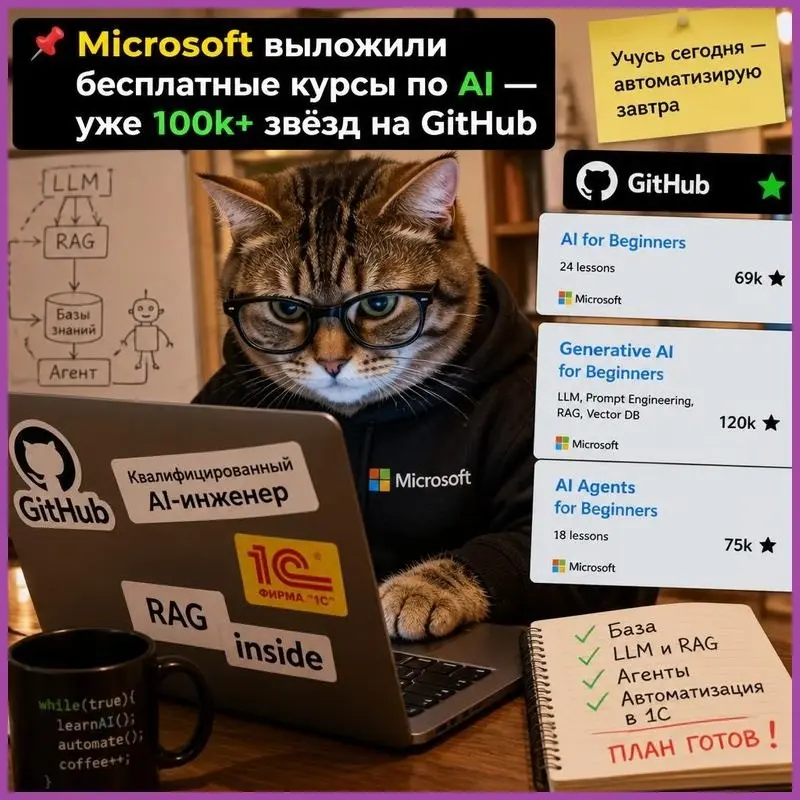 ⬛️ Microsoft выкатили 3 бесплатных AI-курса
Прислал коллега из тру-ай-ти, там сейчас это прям тенденция. Многие хотят в резюме строчку: AI Engineer. И вот на GitHub взлетели 3 курса от Microsoft | Сетка — социальная сеть от hh.ru