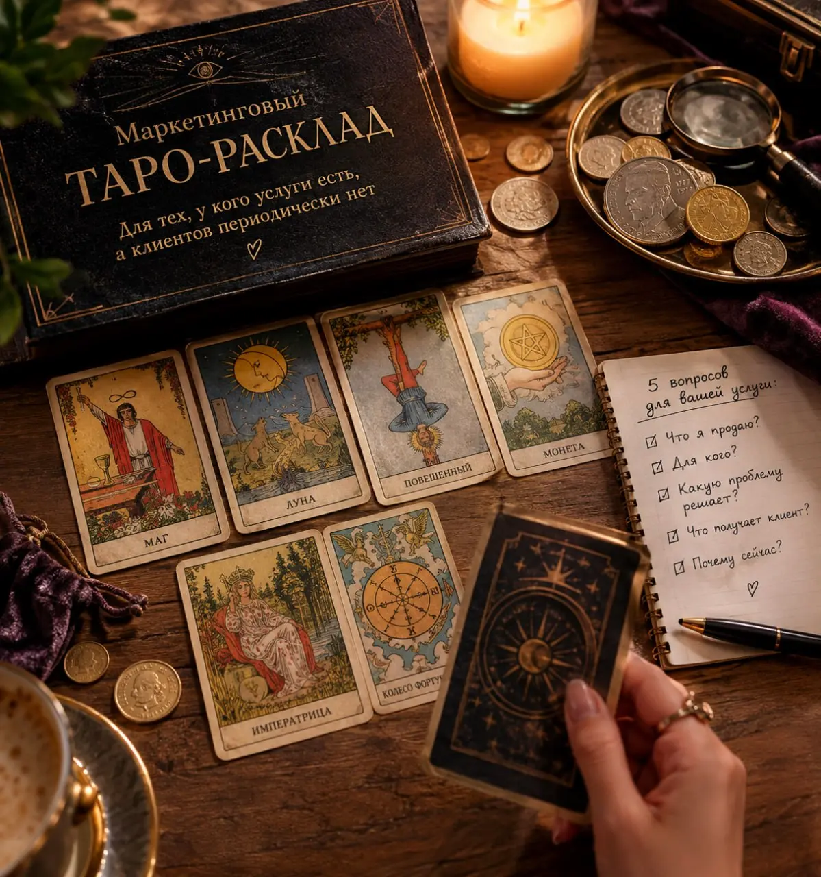 🔮 Пятничный расклад: «Придёт ли клиент?»
Сегодня решила немного отойти от серьёзного маркетинга и достала карты Таро)
Хотя, если честно, после выставки монет у меня уже появляется ощущение, что я пост... | Сетка — социальная сеть от hh.ru
