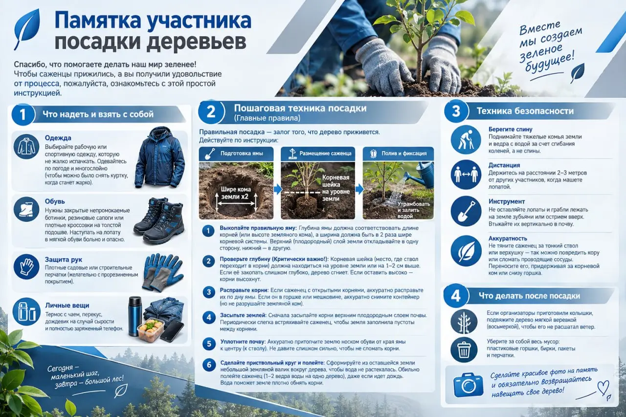 🌳 Посадка деревьев: как сделать это правильно и безопасно?
Участие в посадке деревьев - это не только хорошее дело, но и работа, при которой важно соблюдать простые правила безопасности | Сетка — социальная сеть от hh.ru