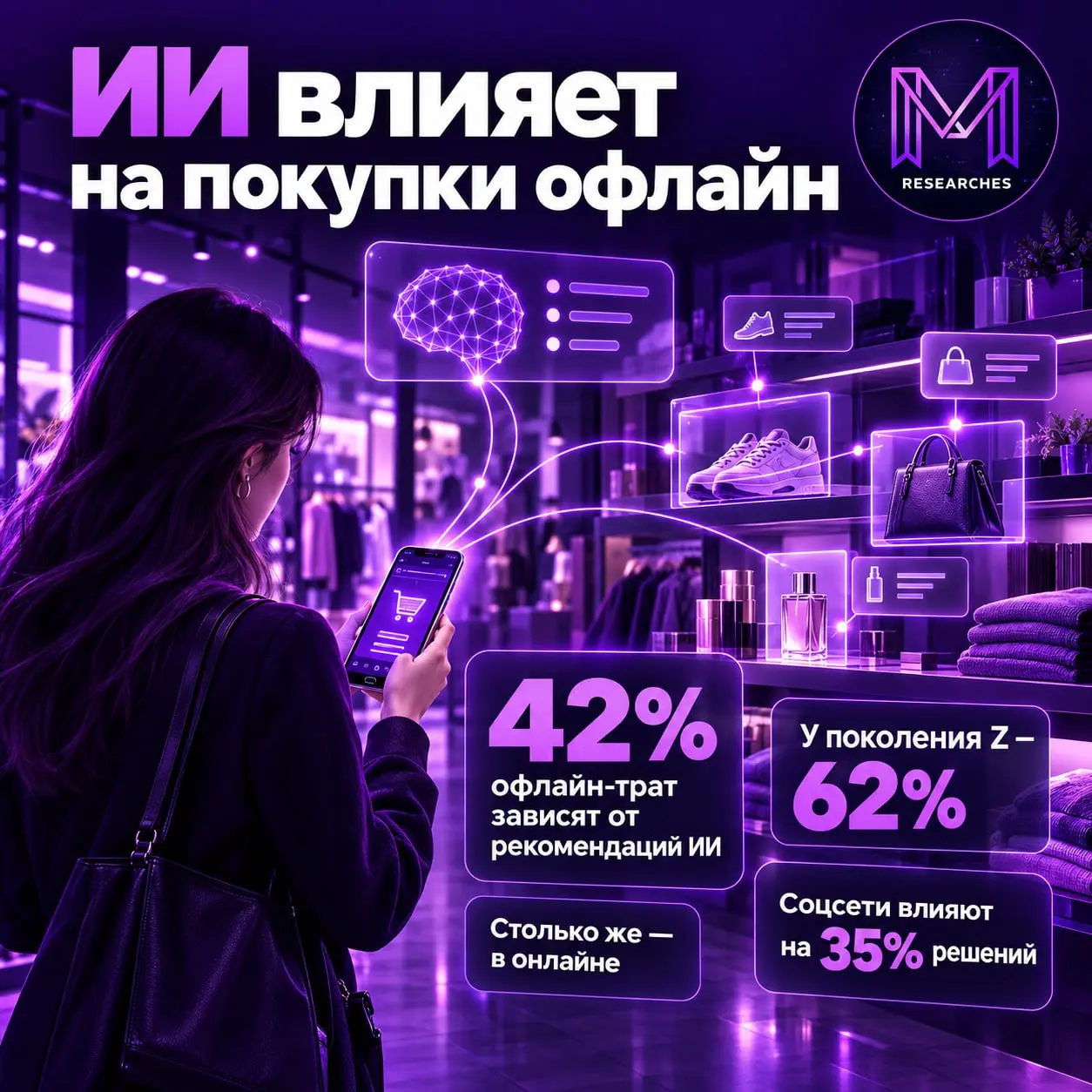 ⚡️ ИИ влияет на 42% офлайн-покупок
MACH Alliance опросила 1 000 потребителей в Великобритании и пришла к следующим выводам: ИИ-рекомендации влияют на 42% трат в физических магазинах — столько же, скол... | Сетка — социальная сеть от hh.ru