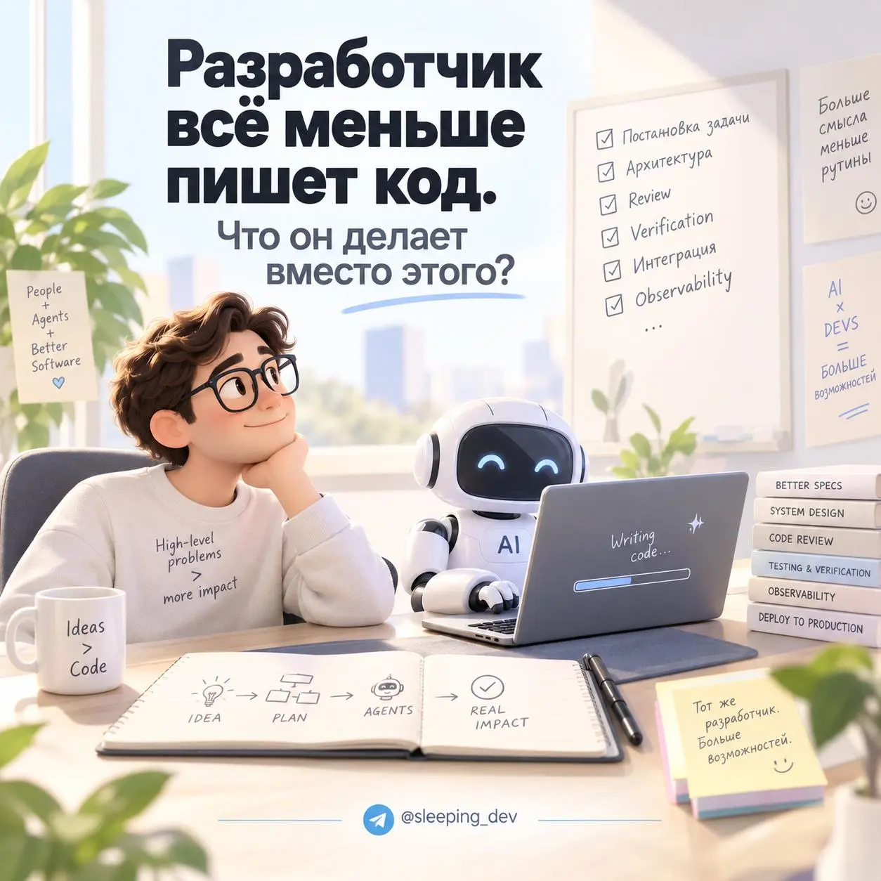 Разработчик всё меньше пишет код. Что он делает вместо этого?
Anthropic описывает переход довольно прямолинейно: от writing code — к orchestrating agents that write code | Сетка — социальная сеть от hh.ru