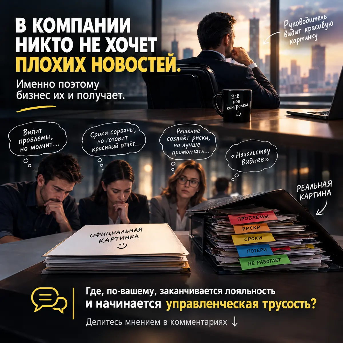 В компании никто не хочет плохих новостей. Именно поэтому бизнес их и получает.
Есть одна управленческая иллюзия, которая обходится компаниям дороже, чем кажется | Сетка — социальная сеть от hh.ru