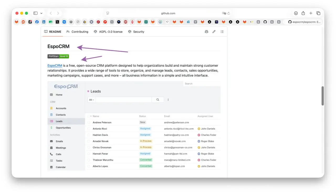 А вот еще вариант бесплатной открытой CRM, которая на 100% поддерживает русский язык и любые интеграции по API. Есть docker, через 15 минут у вас локальная установка | Сетка — социальная сеть от hh.ru