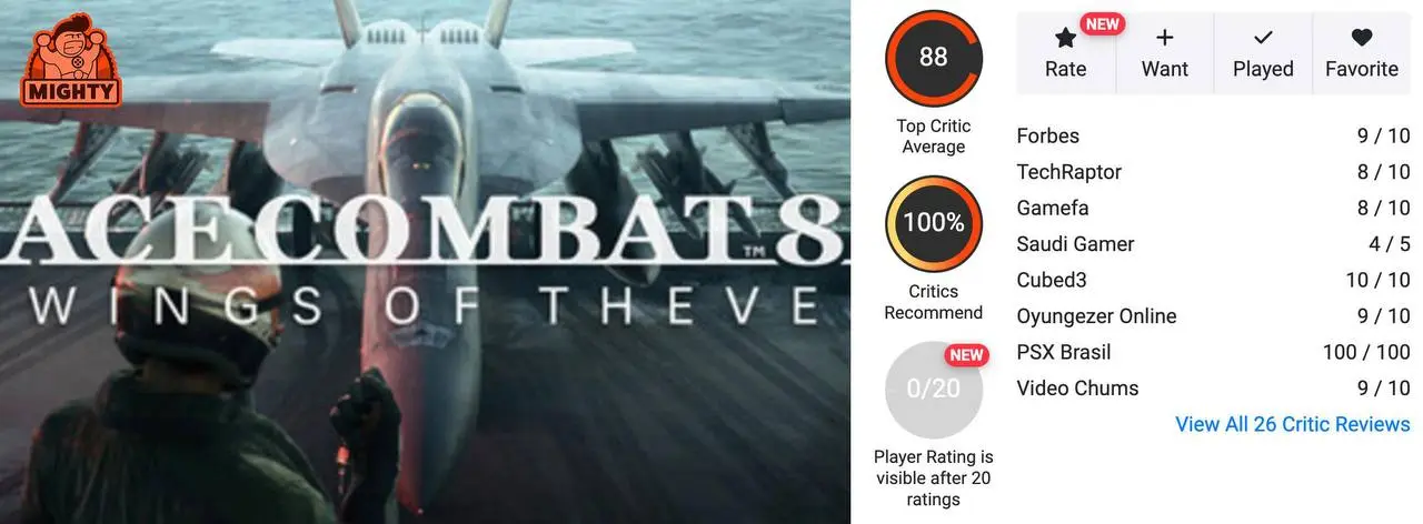 Ace Combat 8: Wings of Theve - 88 на Opencritic.
Баланс между симулятором и голливудским блокбастером выверен. Миссии эпичные, самолёты кастомизируются, картинка топ.
Релиз 2 октября | Сетка — социальная сеть от hh.ru