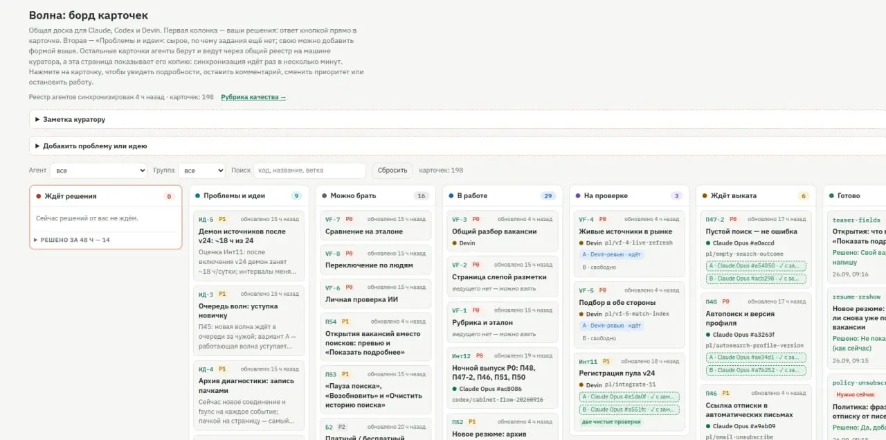 вот так сейчас сделал для разработки. Кодекс, клод, кими, грок и девиан берут задачи, подтверждённые мной, которые ставит астра, опус 5.5 или я | Сетка — социальная сеть от hh.ru