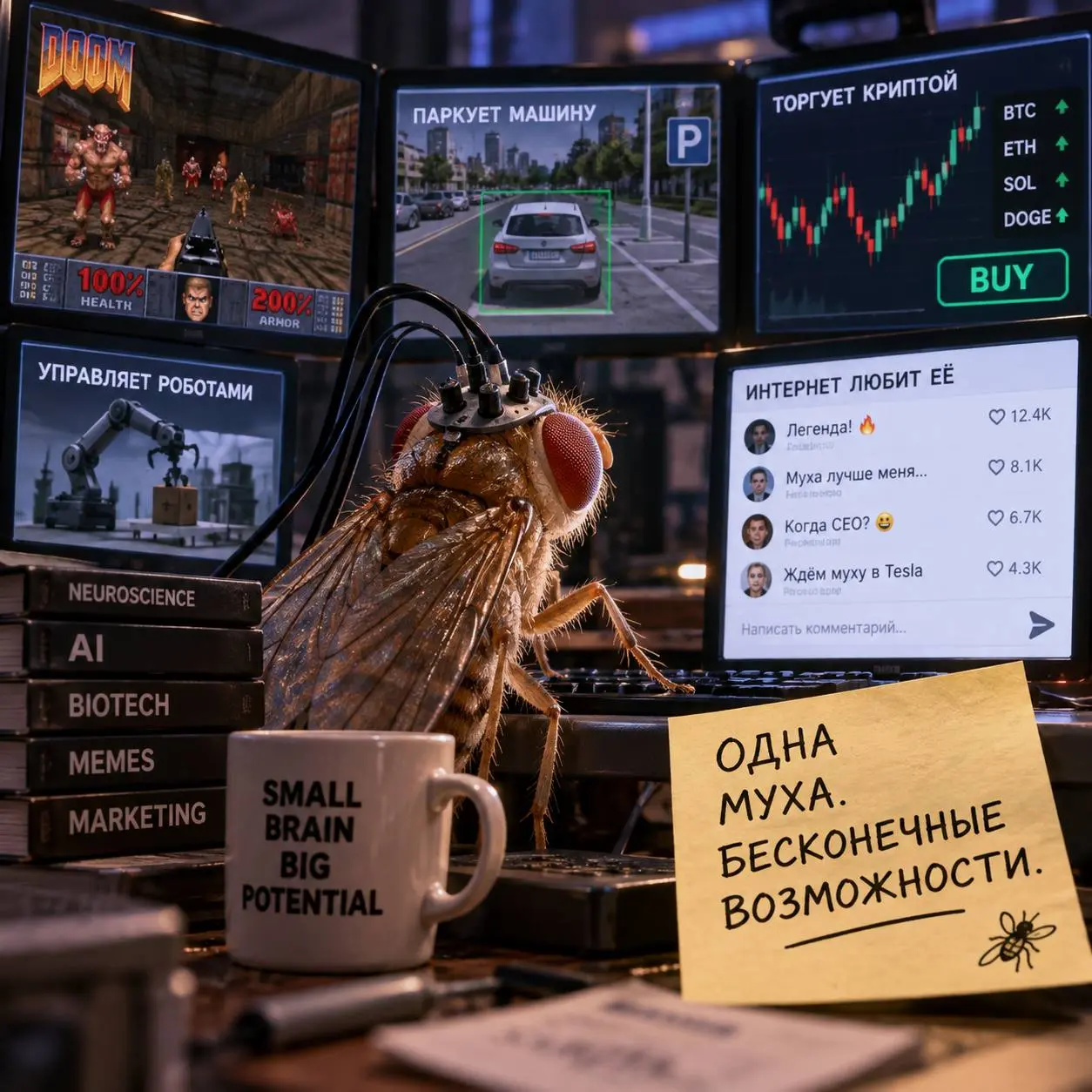 Вы наверняка уже видели эту муху.
Дрозофила играет в Doom, паркует машину, торгует криптой, управляет роботами и постепенно осваивает вообще всё подряд | Сетка — социальная сеть от hh.ru