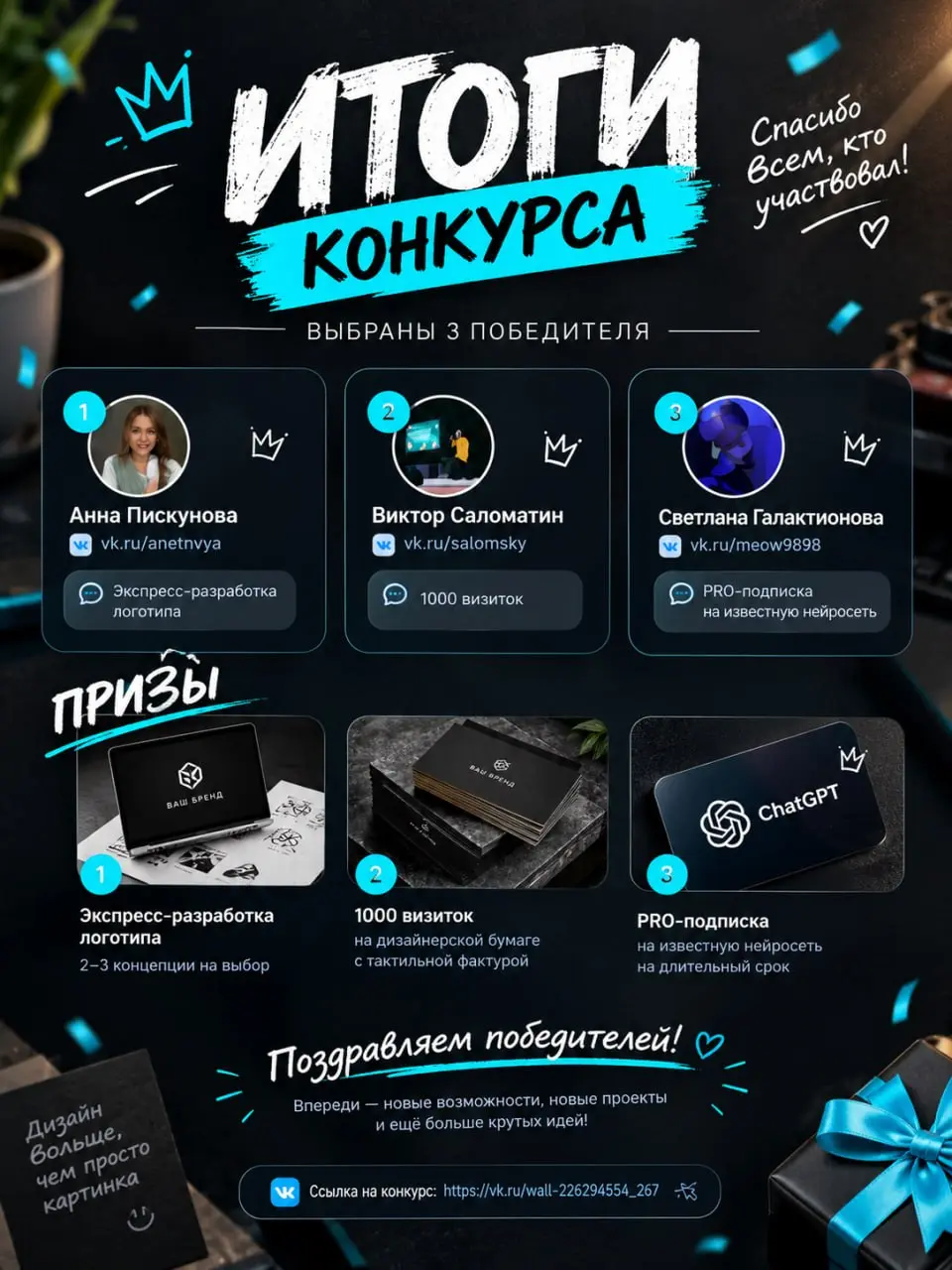 Итоги розыгрыша! Подвели честный рандом.
Друзья, мы выбрали 3 победителей, которые забирают логотип, 1000 визиток и PRO-подписку на нейросеть | Сетка — социальная сеть от hh.ru