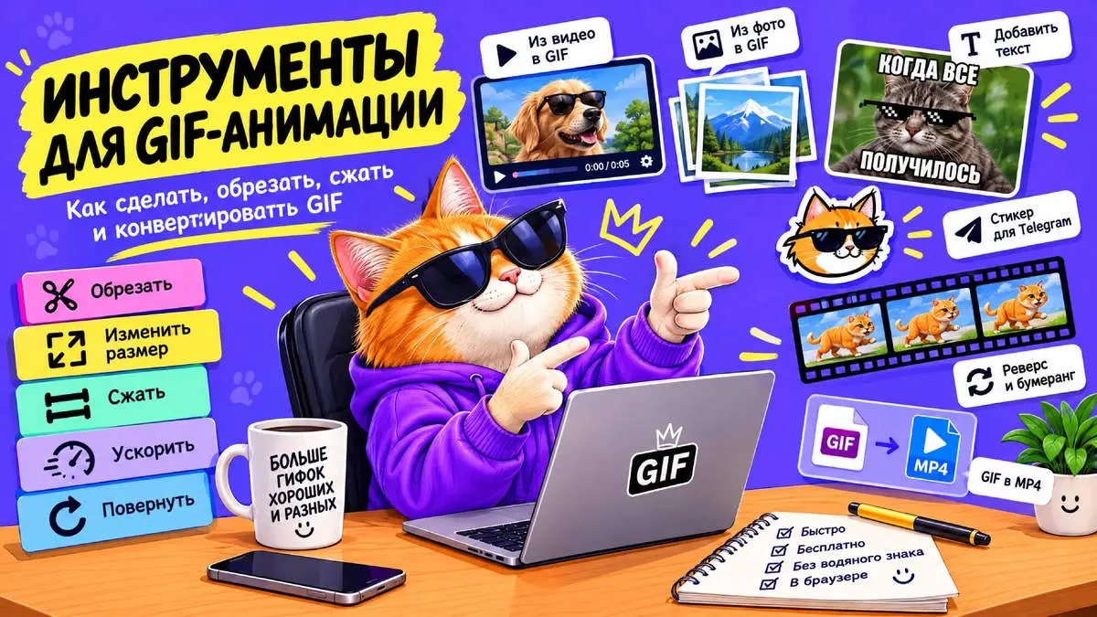 Инструменты для GIF: создать, обрезать, сжать и редактировать гифку
Онлайн-инструменты для GIF: создать гифку из видео и фото, добавить текст, обрезать, изменить размер, сжать, ускорить и конвертирова... | Сетка — социальная сеть от hh.ru