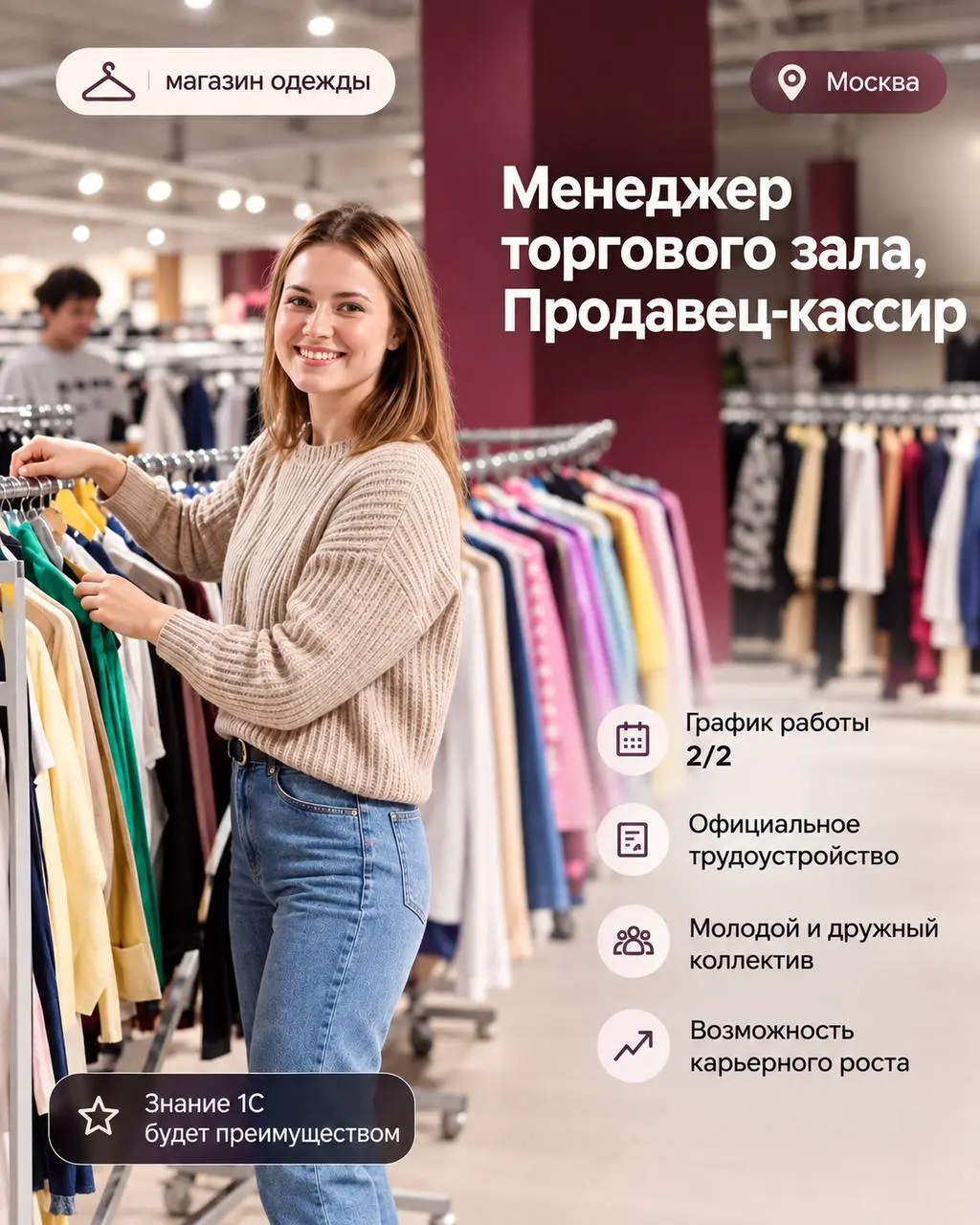 1️⃣МЕНЕДЖЕР ТОРГОВОГО ЗАЛА,
2️⃣ПРОДАВЕЦ-КАССИР
магазин одежды
• Москва, ул. Никитина, 2, ТЦ «Столица»
• Розничная торговля
• @annaruda03
Полное описание вакансии размещено в Телеграм и Макс | Сетка — социальная сеть от hh.ru