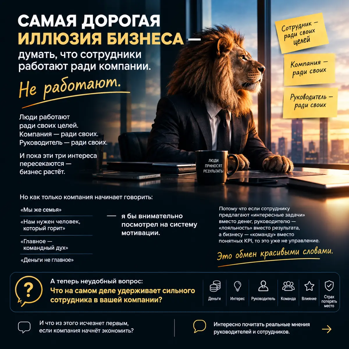 Самая дорогая иллюзия бизнеса — думать, что сотрудники работают ради компании.
Не работают.
Люди работают ради своих целей.
Компания — ради своих.
Руководитель — ради своих | Сетка — социальная сеть от hh.ru