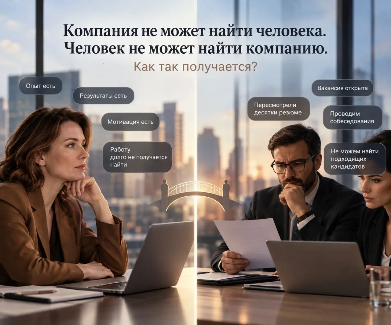 Компания не может найти человека. Человек не может найти компанию. Как так получается?
Четыре месяца мы с клиентом искали работу | Сетка — социальная сеть от hh.ru