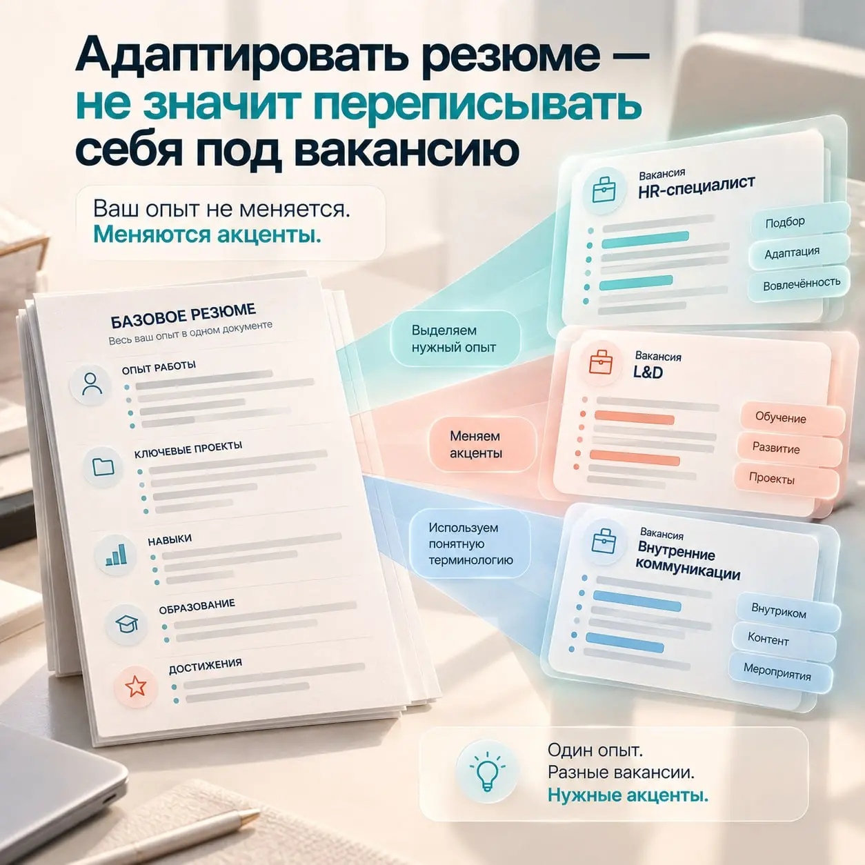 Адаптировать резюме — не значит переписывать себя под вакансию
Совет «адаптируйте резюме под каждую вакансию» встречается постоянно | Сетка — социальная сеть от hh.ru