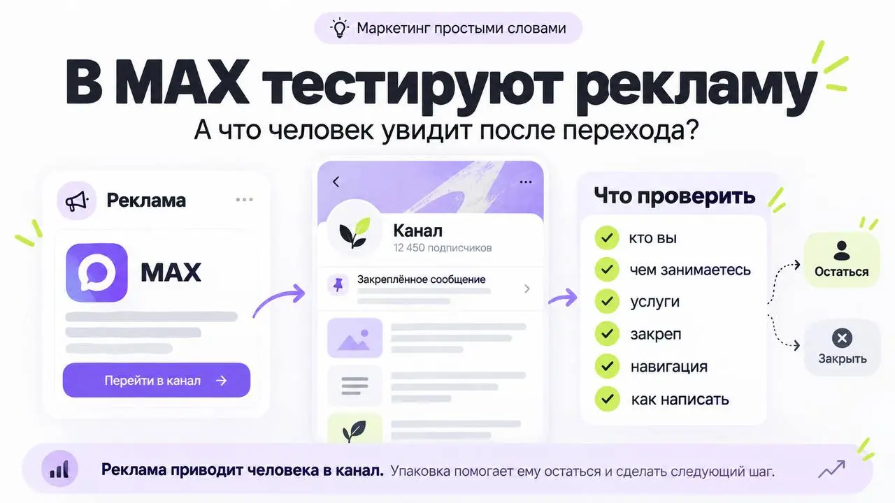 В MAX тестируют рекламу.
25 сентября MAX подтвердил, что тестирует рекламные инструменты в каналах. Подробности и сроки полноценного запуска обещают рассказать позже — пока речь именно о тесте | Сетка — социальная сеть от hh.ru
