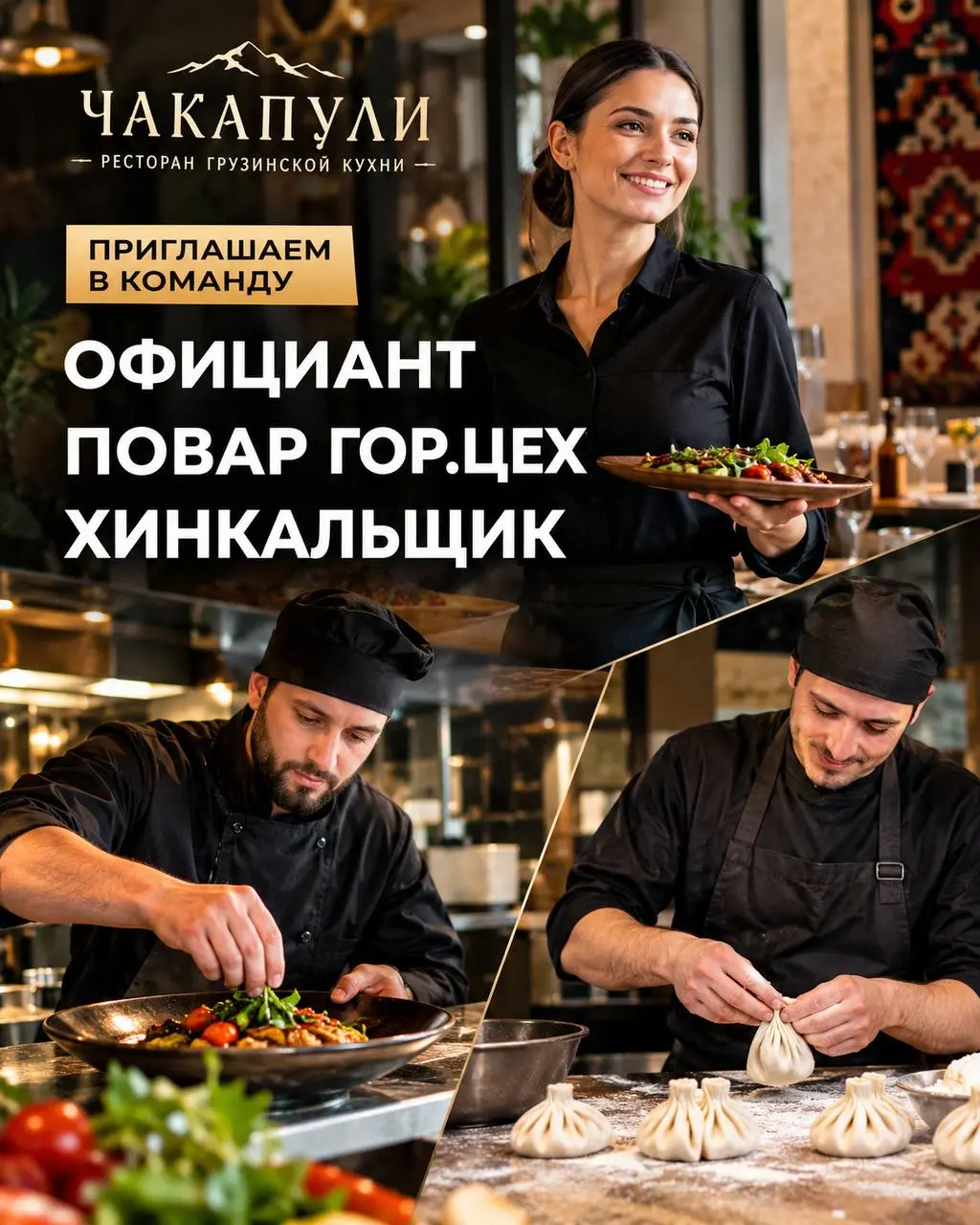 1️⃣ОФИЦИАНТ - от 3000₽/смена + чаевые + мотивация
2️⃣ПОВАР ГОР. ЦЕХ - 5500₽ - 6000₽/смена
3️⃣ХИНКАЛЬЩИК - 5000₽ - 6000₽/смена
ЧАКАПУЛИ
• Москва, м | Сетка — социальная сеть от hh.ru