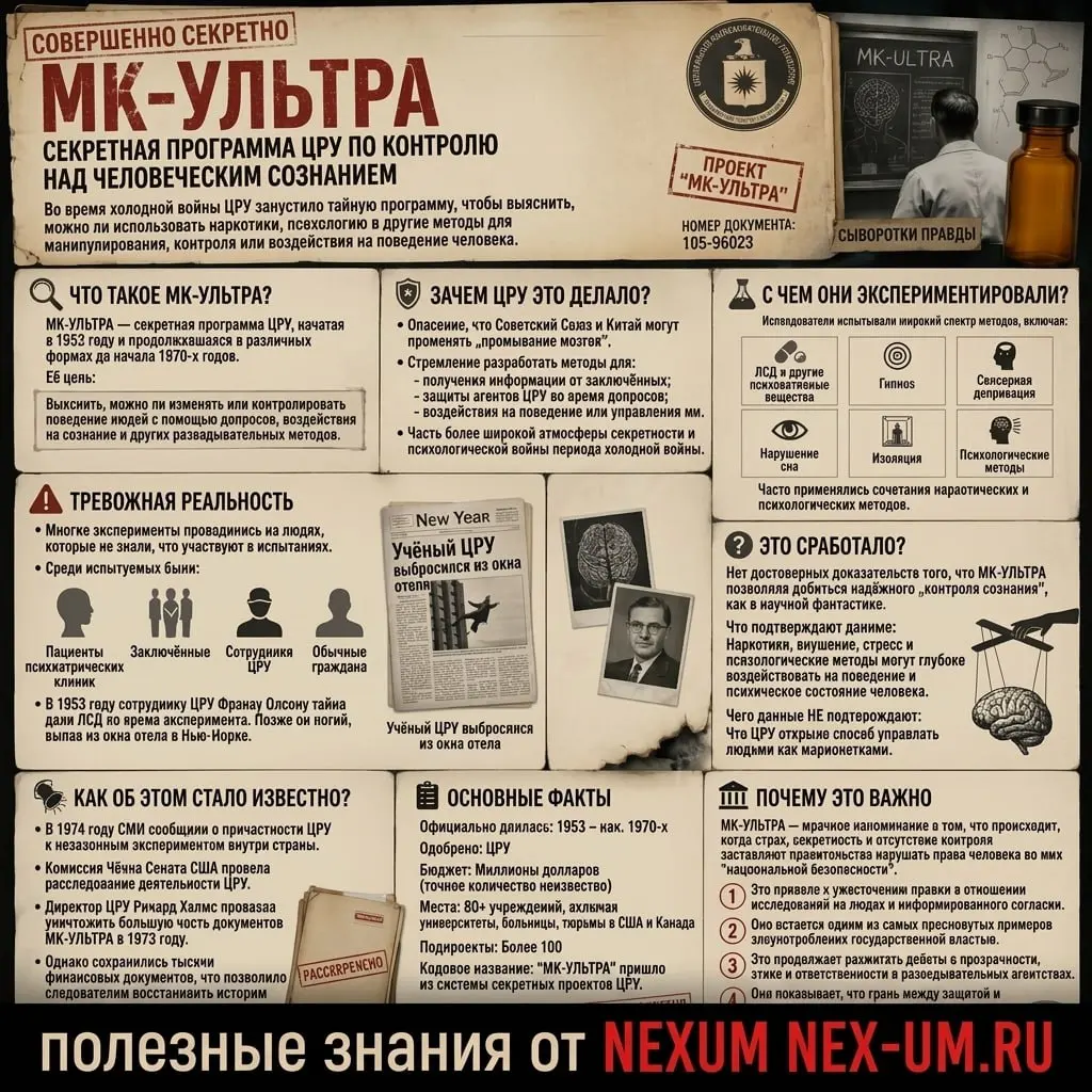 📱 МК-УЛЬТРА: как ЦРУ пыталось получить контроль над человеческим сознанием
🇺🇸 В 1953 году ЦРУ запустило секретный проект под названием MK ULTRA, участники которого изучали, можно ли изменить поведение... | Сетка — социальная сеть от hh.ru