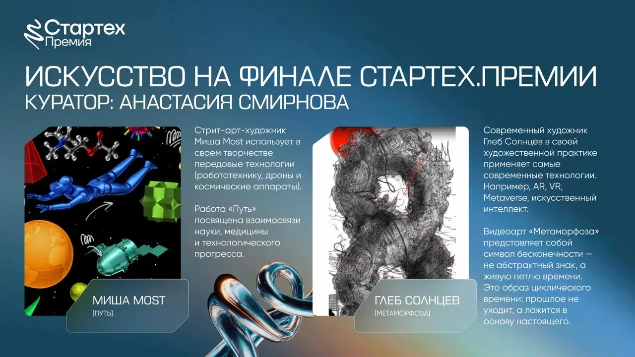 Искусство и технологии на Стартех.Премии 🎨
В этом году частью пространства нашего финала стали картины Миши Most и Глеба Солнцева | Сетка — социальная сеть от hh.ru