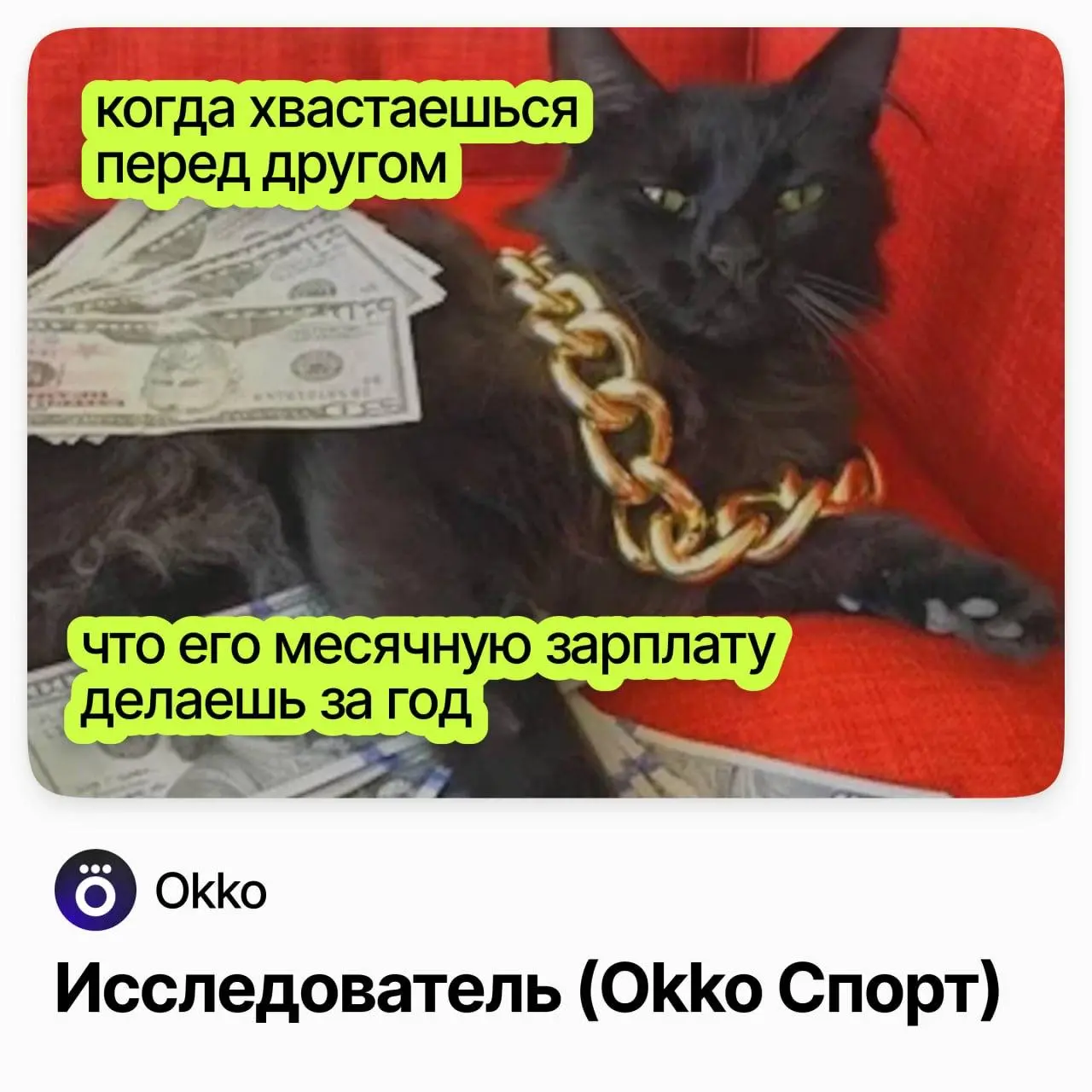 🔎 Исследователь (Okko Спорт) / Okko
Okko — IT-компания в сфере развлечений и один из ведущих онлайн-кинотеатров России со своей спортивной вертикалью: трансляциями и студийными передачами | Сетка — социальная сеть от hh.ru