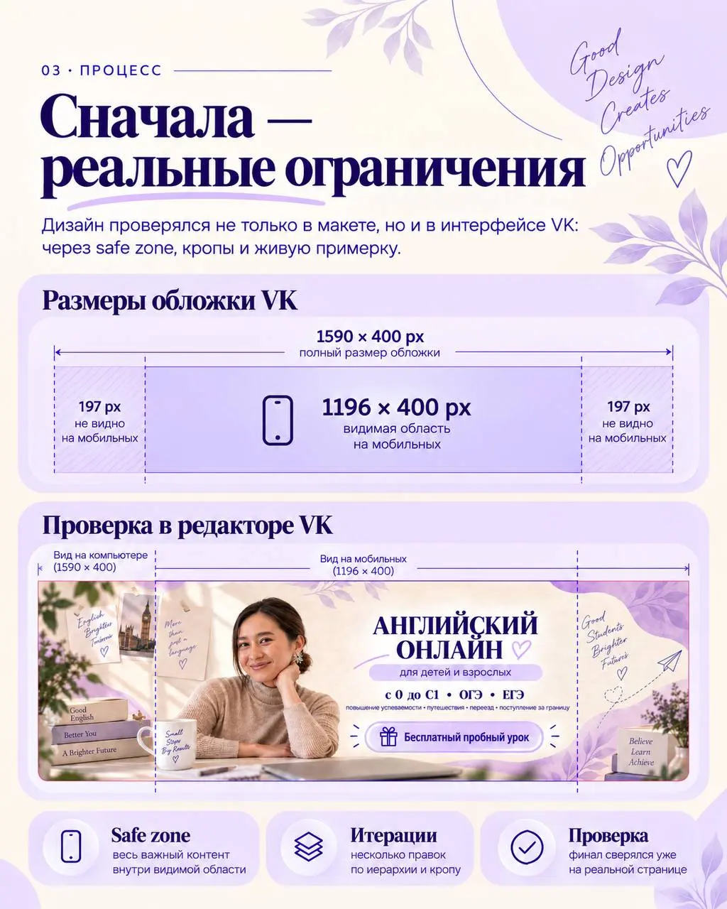 Новый кейс в портфолио 👀
Начиналось всё с идеи просто переделать обложку VK преподавателю английского | Сетка — социальная сеть от hh.ru