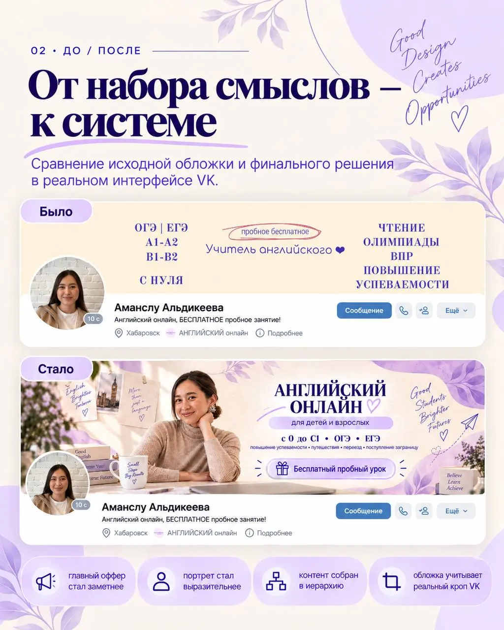 Новый кейс в портфолио 👀
Начиналось всё с идеи просто переделать обложку VK преподавателю английского | Сетка — социальная сеть от hh.ru