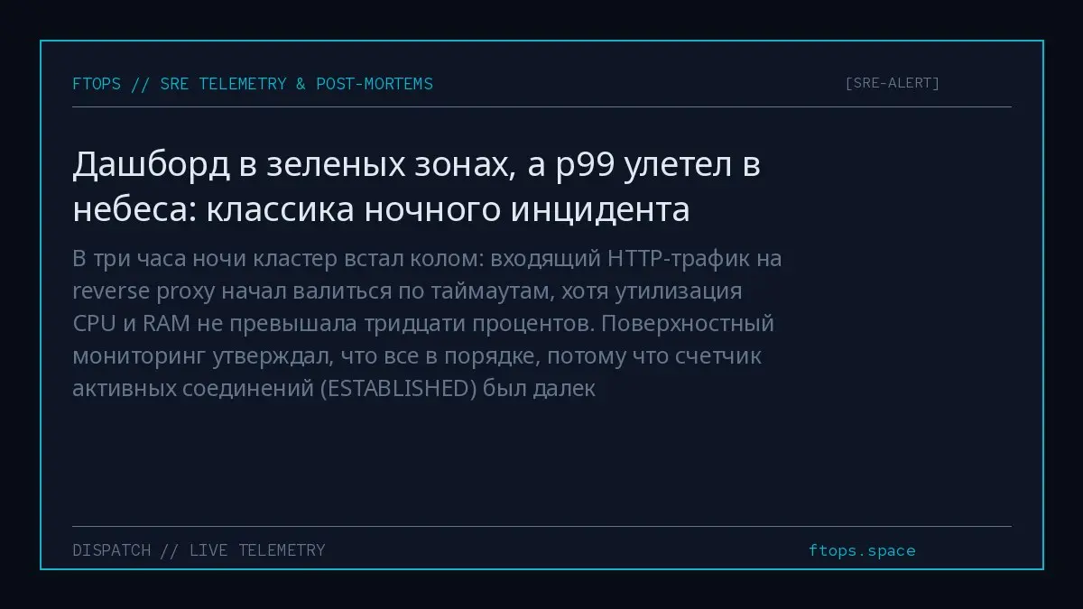 В три часа ночи кластер встал колом: входящий HTTP-трафик на reverse proxy начал валиться по таймаутам, хотя утилизация CPU и RAM не превышала тридцати процентов | Сетка — социальная сеть от hh.ru