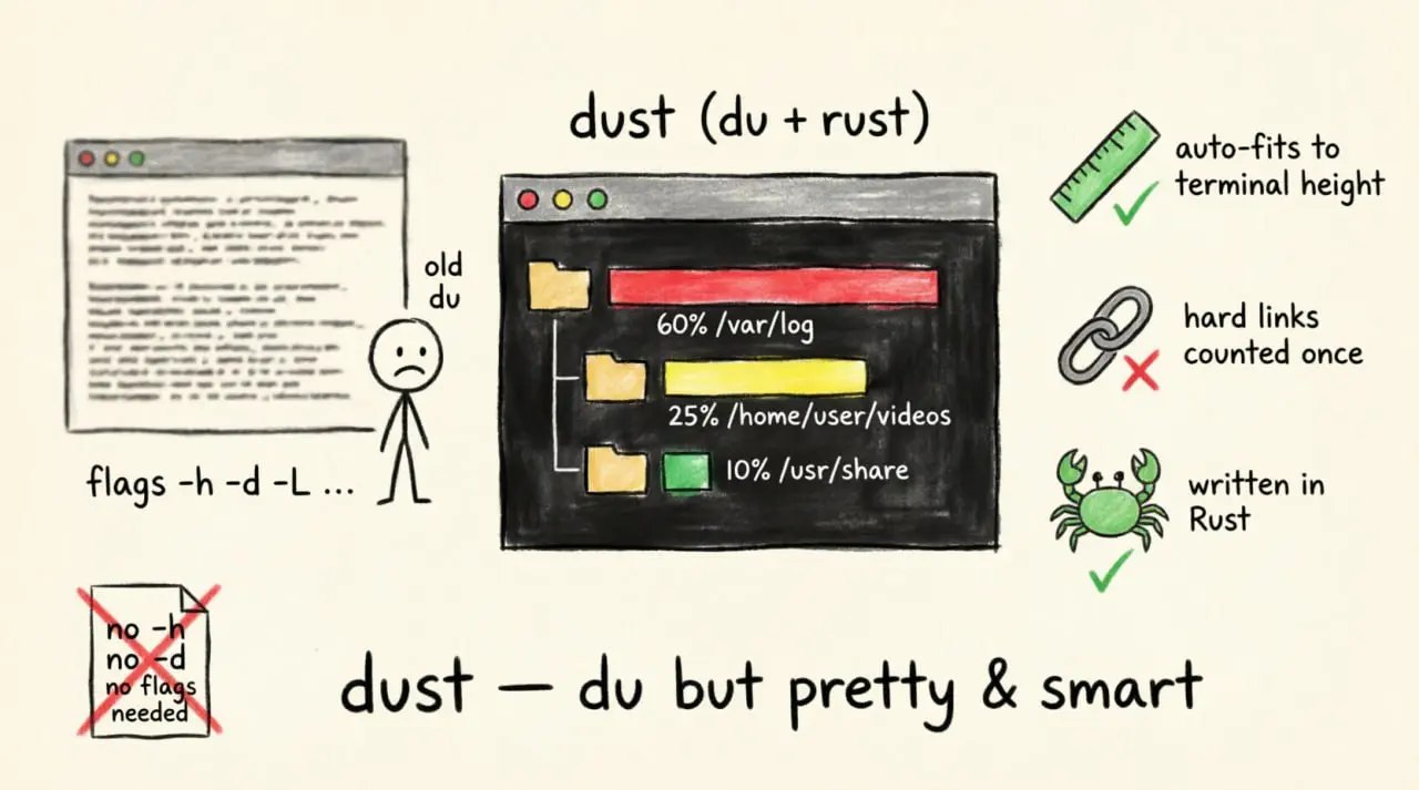 https://github.com/bootandy/dust
Dust (du + rust) — это более интуитивная и современная альтернатива классической консольной команде du для Linux, macOS и Windows, написанная на языке Rust | Сетка — социальная сеть от hh.ru