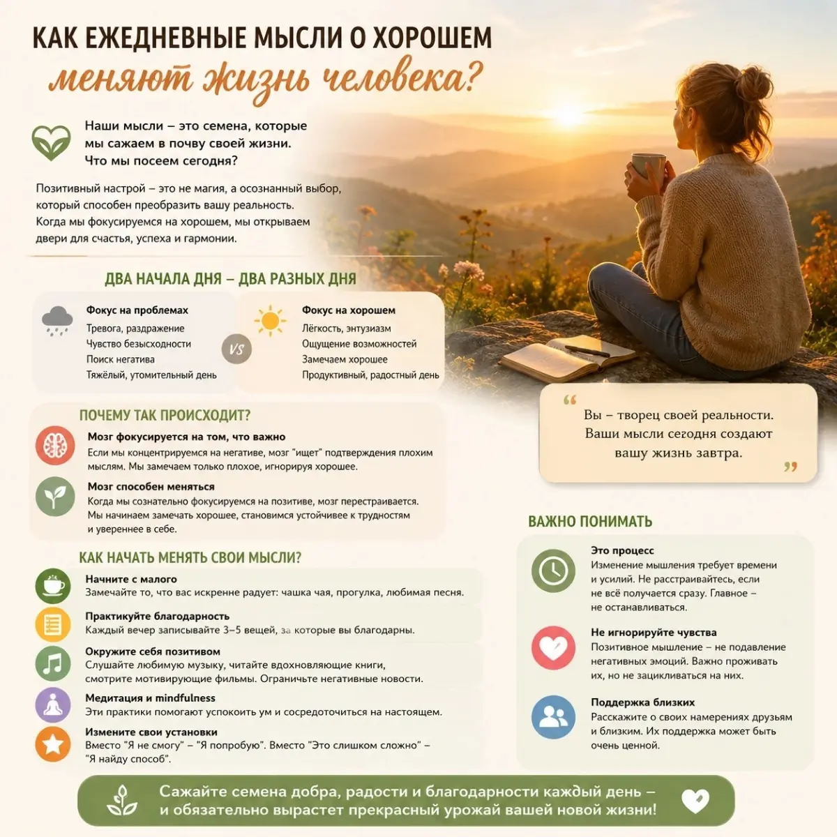 Как ежедневные мысли о хорошем меняют жизнь человека?
Здравствуйте, дорогие друзья! Сегодня мы поговорим о силе наших мыслей и о том, как позитивный настрой может кардинально изменить вашу жизнь | Сетка — социальная сеть от hh.ru