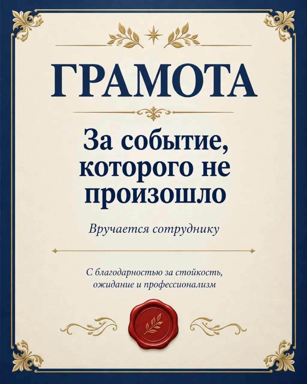 За событие, которого не произошло
На корпоративной премии сотрудника вызывают на сцену:
— Что вы сделали для компании?
— Ничего. Запуск прошёл по плану.
На экране показывать особенно нечего | Сетка — социальная сеть от hh.ru